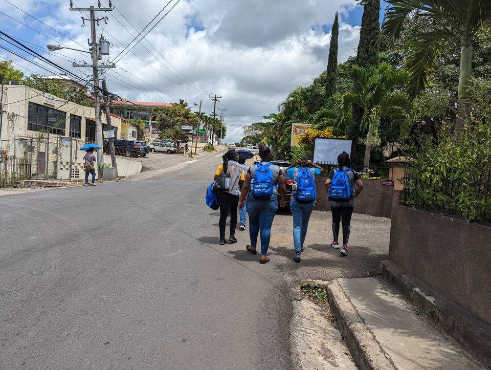 MICS interviewers with backpacks walking along a town road to an enumeration area